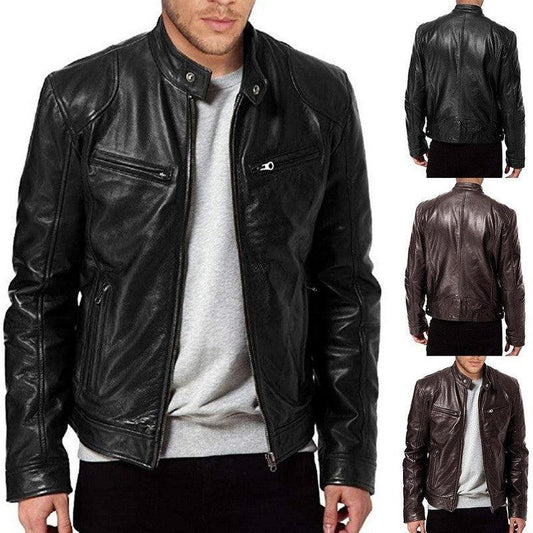 Men's Zip Cardigan PU Leather Jacket With Stand Collar - Cruish Home