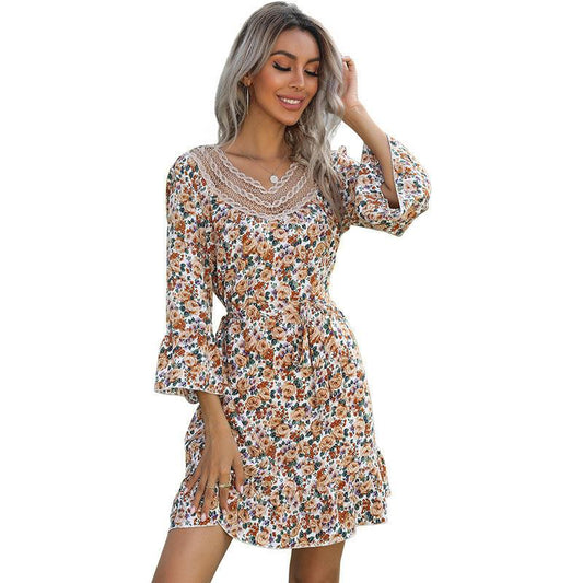 Printed Lace Pullover Chiffon Dress Female Flared Sleeve Short Skirt - Cruish Home