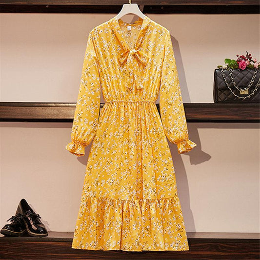 Retro Chiffon Dress Long Sleeved Female Slim Bottoming Floral Skirt - Cruish Home