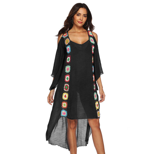 Rainbow Color Hand Crochet Flower Stitching Strapless Irregular Beach Dress Robe - Cruish Home