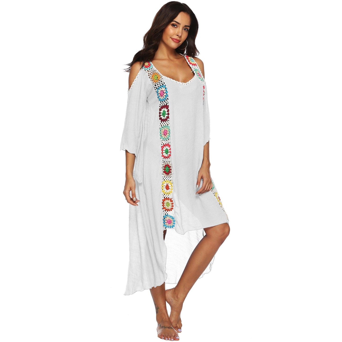 Rainbow Color Hand Crochet Flower Stitching Strapless Irregular Beach Dress Robe - Cruish Home