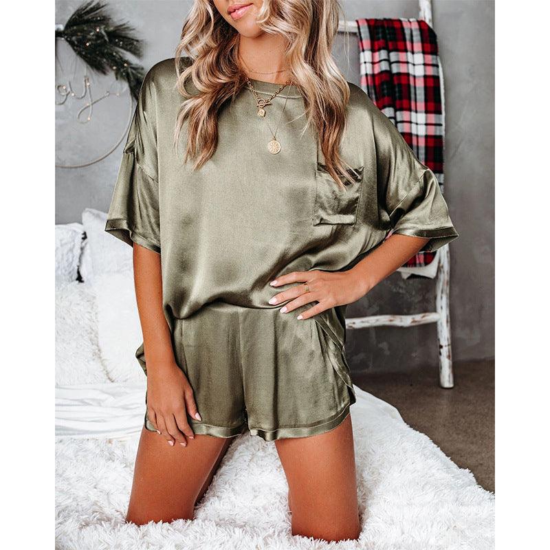 Pure Color Satin Pajamas Home Service Short-sleeved Shorts - Cruish Home