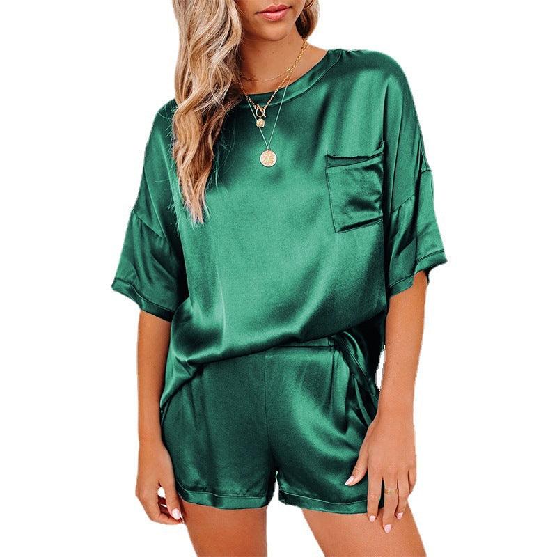 Pure Color Satin Pajamas Home Service Short-sleeved Shorts - Cruish Home