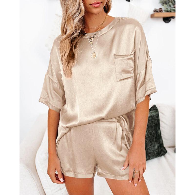 Pure Color Satin Pajamas Home Service Short-sleeved Shorts - Cruish Home