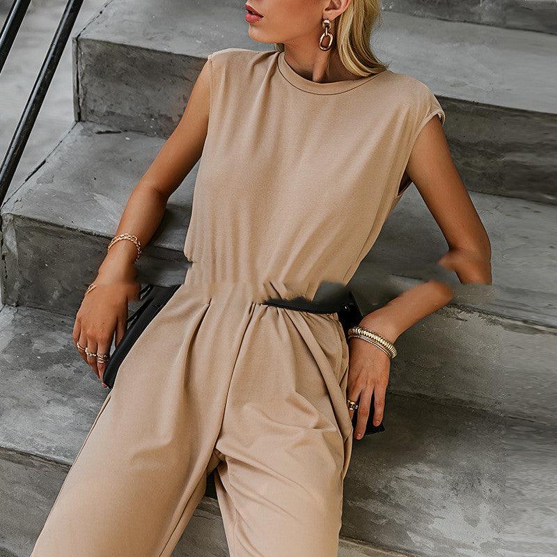 European And American Women's Solid Color Round Neck Sleeveless Long Jumpsuit - Cruish Home