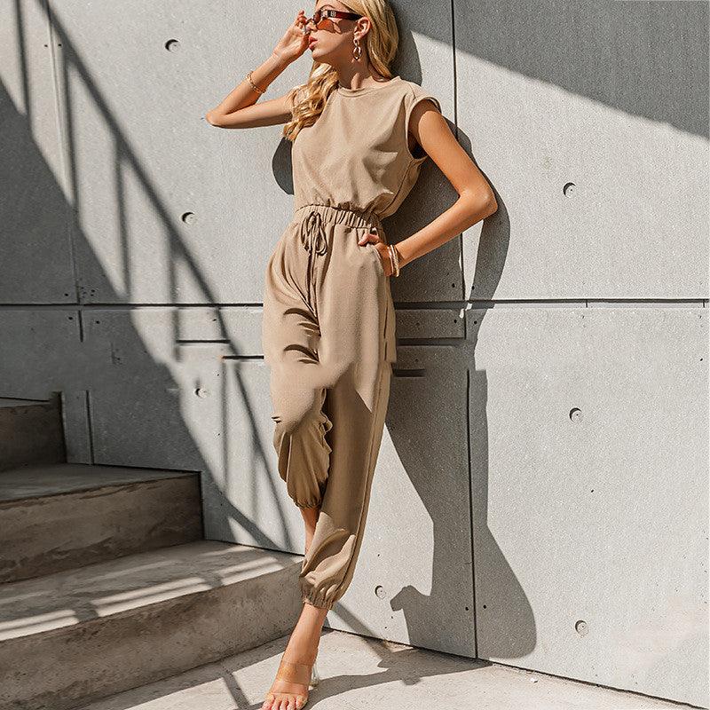 European And American Women's Solid Color Round Neck Sleeveless Long Jumpsuit - Cruish Home