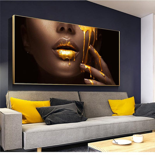 Golden Lips Black Gold Woman HD Print Canvas Painting - Cruish Home