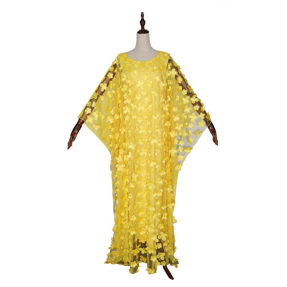 African Women's Dress Three-dimensional Embroidered Flower Net Yarn Crew Neck - Cruish Home