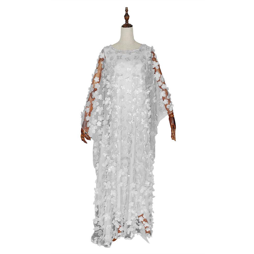 African Women's Dress Three-dimensional Embroidered Flower Net Yarn Crew Neck - Cruish Home