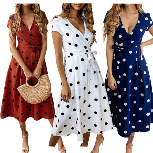 Casual V-neck Printed Polka-dot Lace-up Dress - Cruish Home