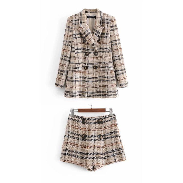 New Women's Two Piece British Style Suit Jacket And Contrast Plaid Short Suit - Cruish Home