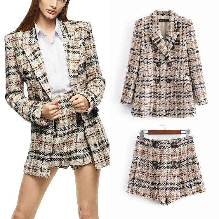 New Women's Two Piece British Style Suit Jacket And Contrast Plaid Short Suit - Cruish Home