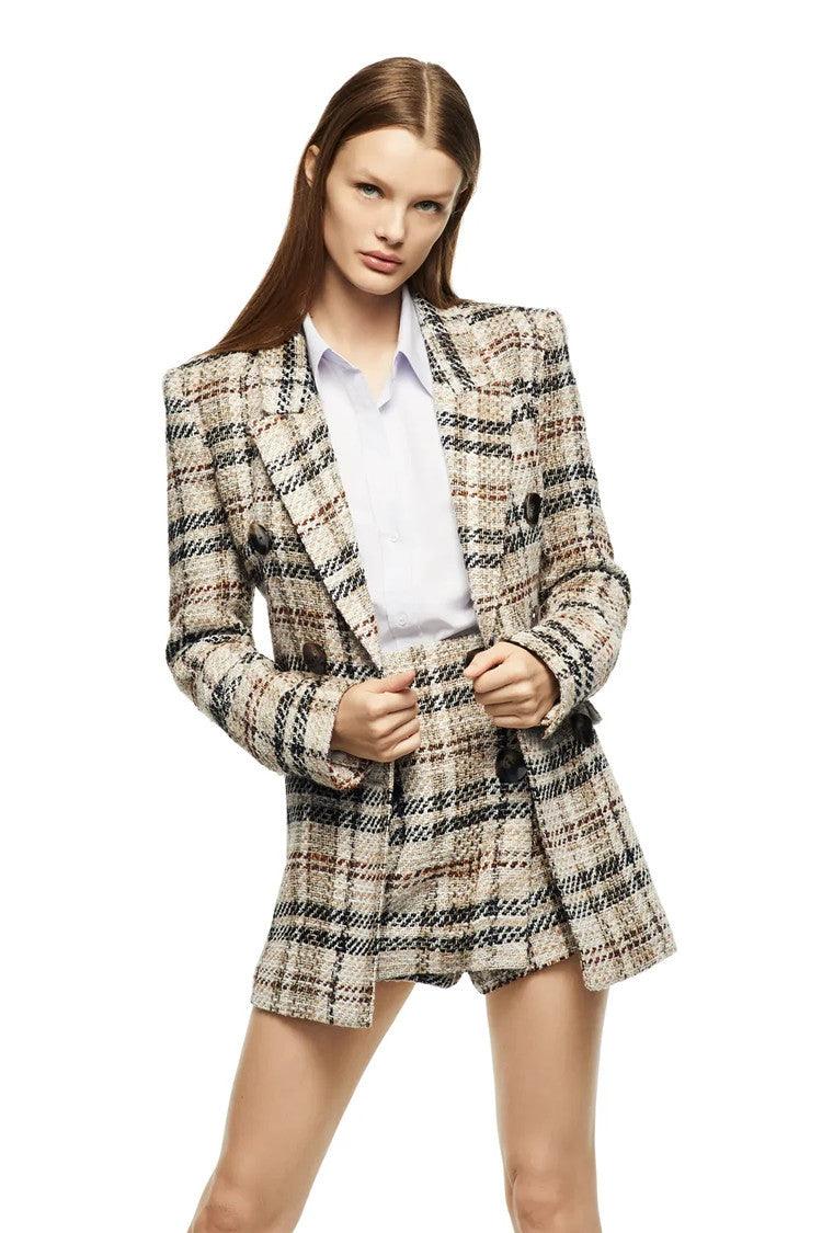 New Women's Two Piece British Style Suit Jacket And Contrast Plaid Short Suit - Cruish Home