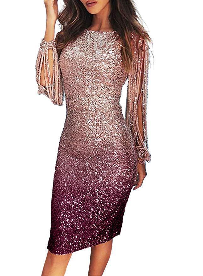 Tassel Long Sleeve Gradient Sequin Dinner Dress - Cruish Home