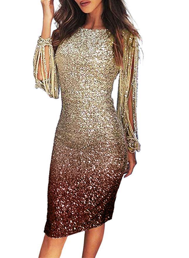 Tassel Long Sleeve Gradient Sequin Dinner Dress - Cruish Home