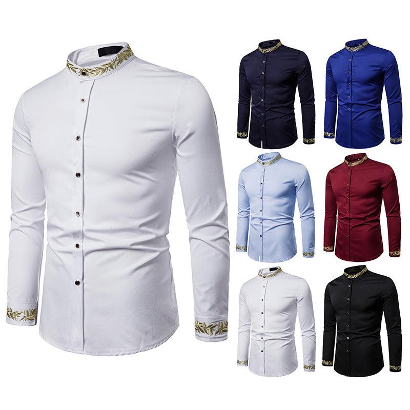 Gold Embroidery White Shirt Men Brand New Stand Collar Mens Dress Shirts Casual Slim Long Sleeve Chemise Homme Camisa Masculina - Cruish Home