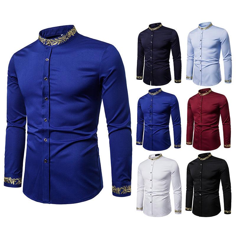 Gold Embroidery White Shirt Men Brand New Stand Collar Mens Dress Shirts Casual Slim Long Sleeve Chemise Homme Camisa Masculina - Cruish Home