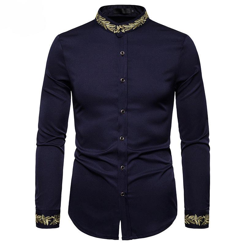 Gold Embroidery White Shirt Men Brand New Stand Collar Mens Dress Shirts Casual Slim Long Sleeve Chemise Homme Camisa Masculina - Cruish Home