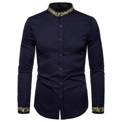 Gold Embroidery White Shirt Men Brand New Stand Collar Mens Dress Shirts Casual Slim Long Sleeve Chemise Homme Camisa Masculina - Cruish Home