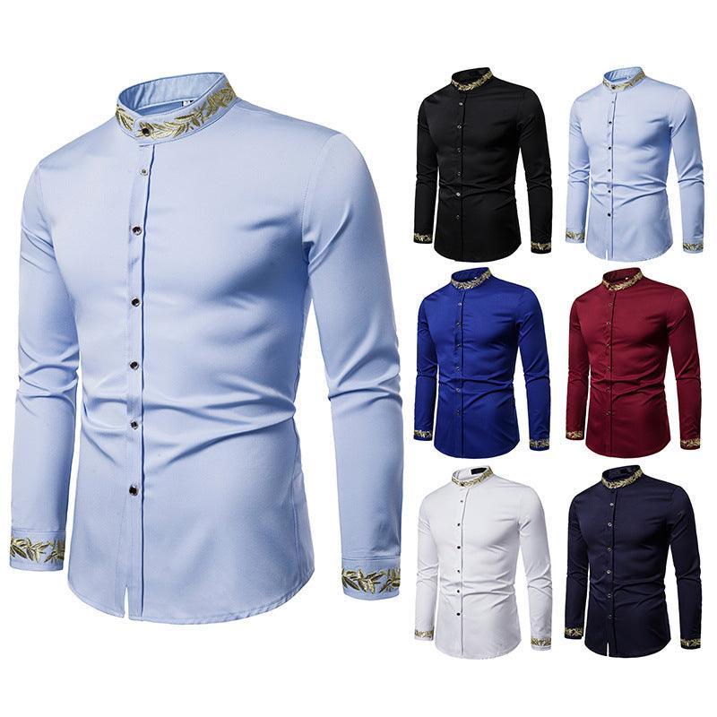 Gold Embroidery White Shirt Men Brand New Stand Collar Mens Dress Shirts Casual Slim Long Sleeve Chemise Homme Camisa Masculina - Cruish Home