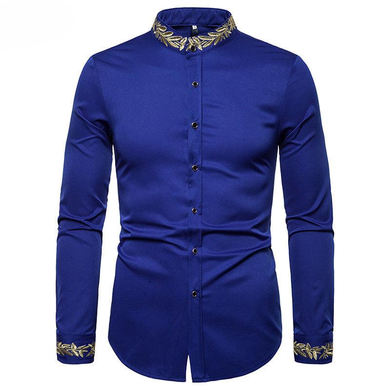 Gold Embroidery White Shirt Men Brand New Stand Collar Mens Dress Shirts Casual Slim Long Sleeve Chemise Homme Camisa Masculina - Cruish Home