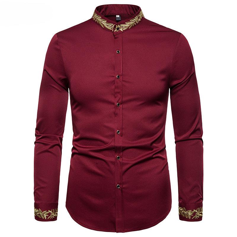 Gold Embroidery White Shirt Men Brand New Stand Collar Mens Dress Shirts Casual Slim Long Sleeve Chemise Homme Camisa Masculina - Cruish Home