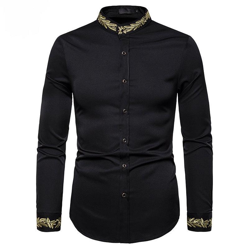 Gold Embroidery White Shirt Men Brand New Stand Collar Mens Dress Shirts Casual Slim Long Sleeve Chemise Homme Camisa Masculina - Cruish Home