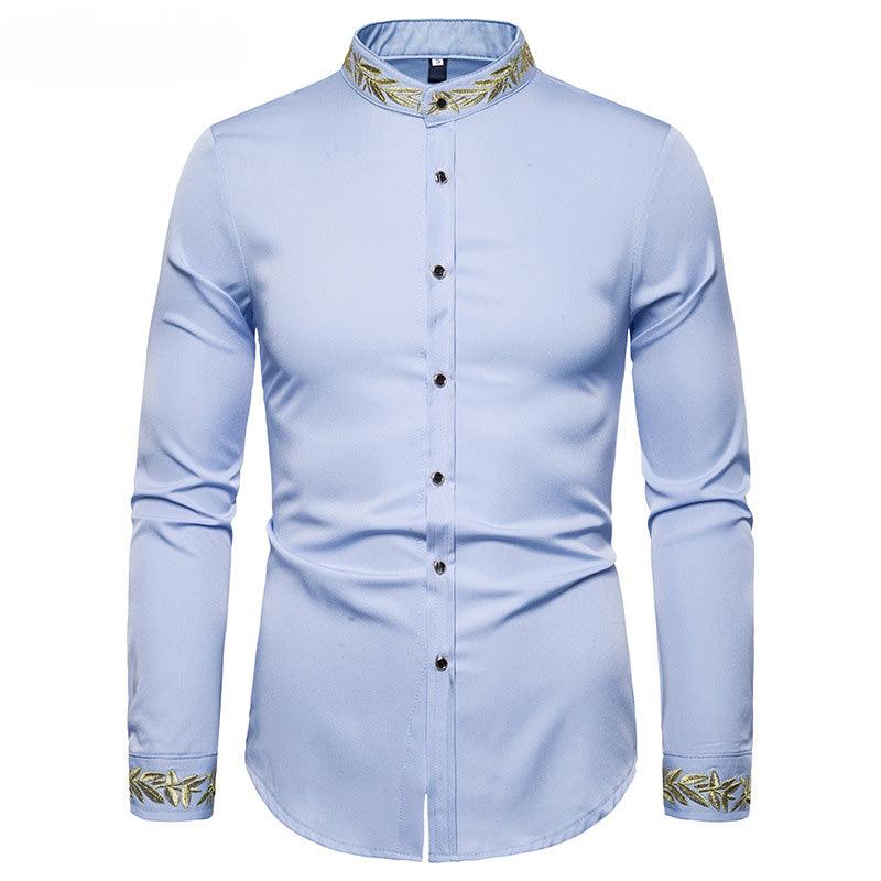 Gold Embroidery White Shirt Men Brand New Stand Collar Mens Dress Shirts Casual Slim Long Sleeve Chemise Homme Camisa Masculina - Cruish Home