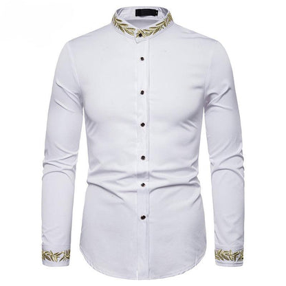 Gold Embroidery White Shirt Men Brand New Stand Collar Mens Dress Shirts Casual Slim Long Sleeve Chemise Homme Camisa Masculina - Cruish Home