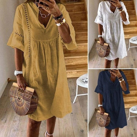 Summer Lace Stitching Casual Cotton And Linen V Neck Flared Sleeve Women's Dress - Cruish Home