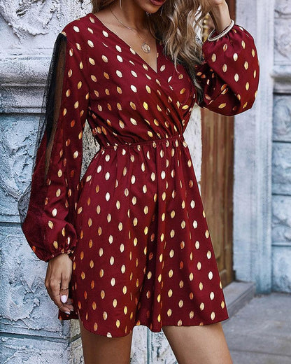 Polka Dot Stitching V-neck Long Sleeve Dress - Cruish Home