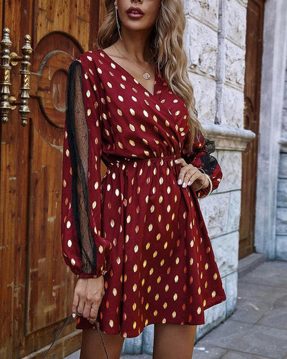 Polka Dot Stitching V-neck Long Sleeve Dress - Cruish Home