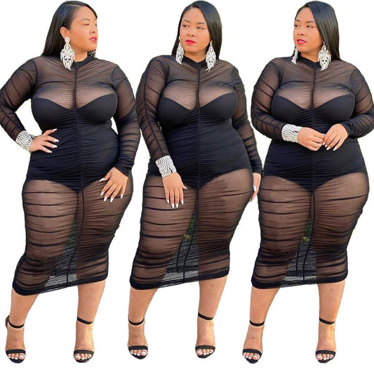 Plus Size Clothing Dresses for Women Long Sleeve Dress with Bodysuit Lining Sexy Mesh Bodycon Dress Wholesale Dropshipping - Cruish Home