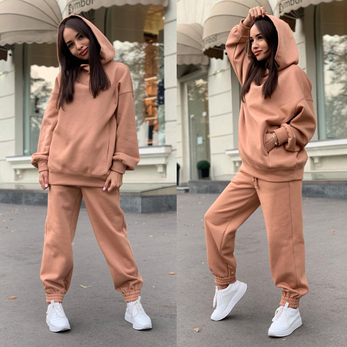 Women's Fashion Solid Color Hooded Sweater And Pants Suit - Cruish Home