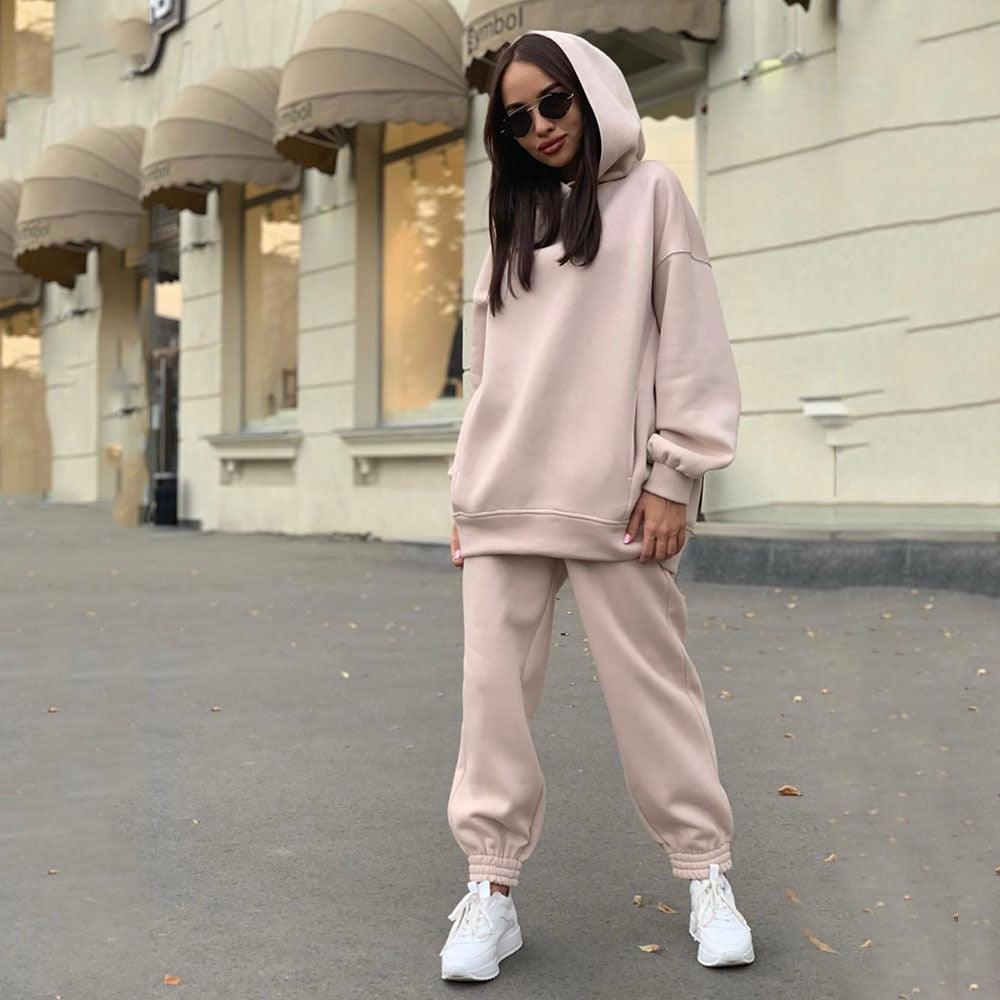 Women's Fashion Solid Color Hooded Sweater And Pants Suit - Cruish Home