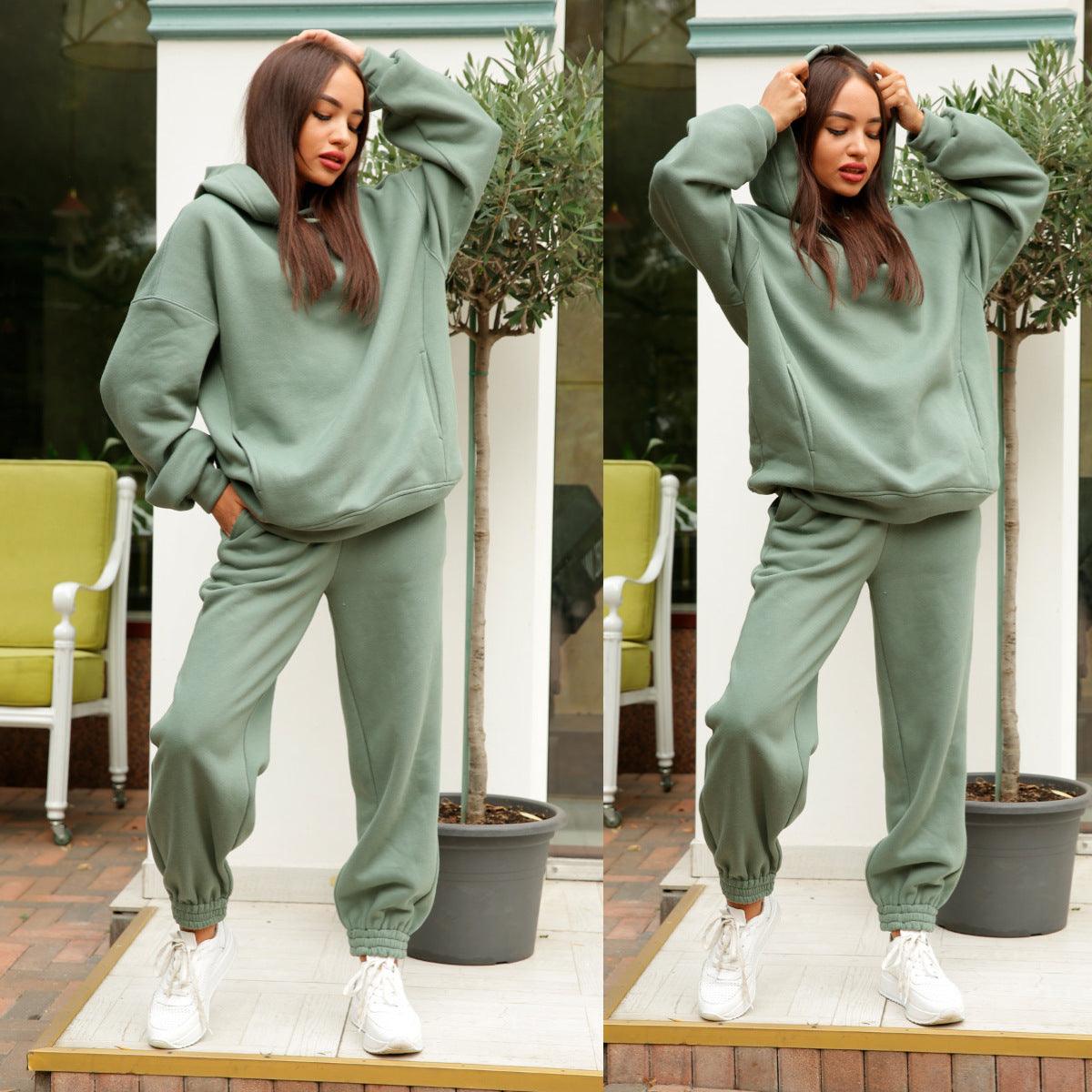 Women's Fashion Solid Color Hooded Sweater And Pants Suit - Cruish Home