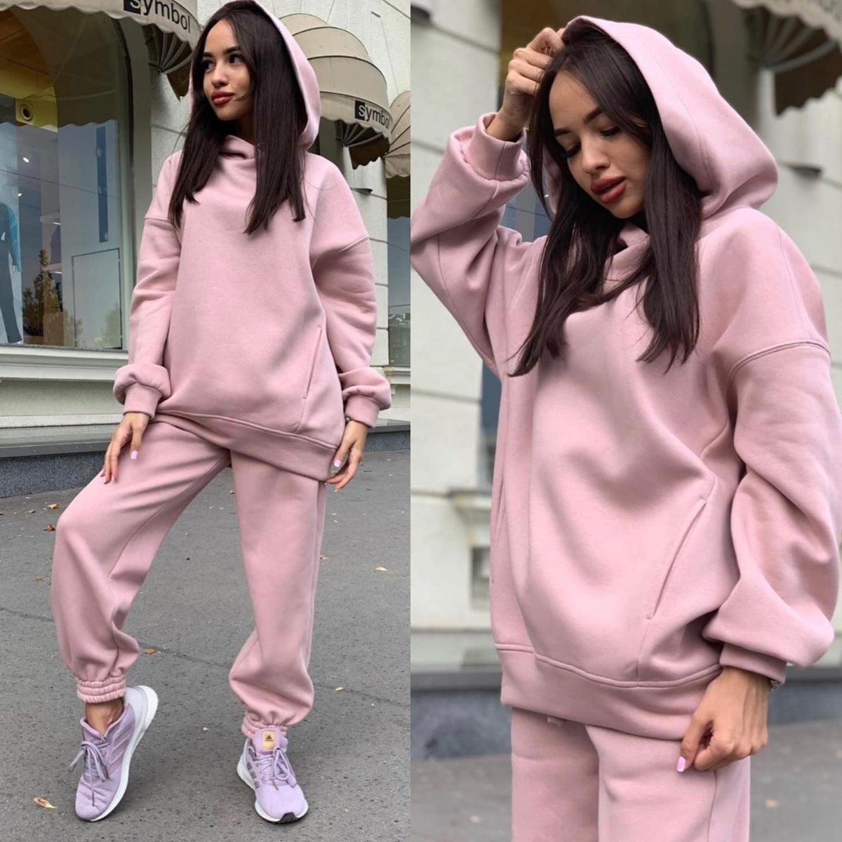 Women's Fashion Solid Color Hooded Sweater And Pants Suit - Cruish Home