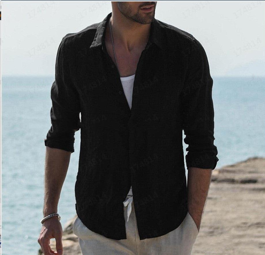 Men's Solid Color Cardigan Long Sleeved Cotton And Linen Wrinkle Shirt - Cruish Home