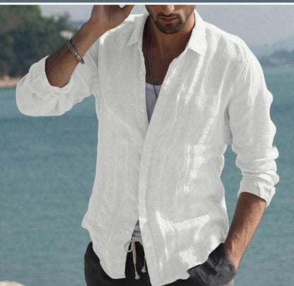 Men's Solid Color Cardigan Long Sleeved Cotton And Linen Wrinkle Shirt - Cruish Home