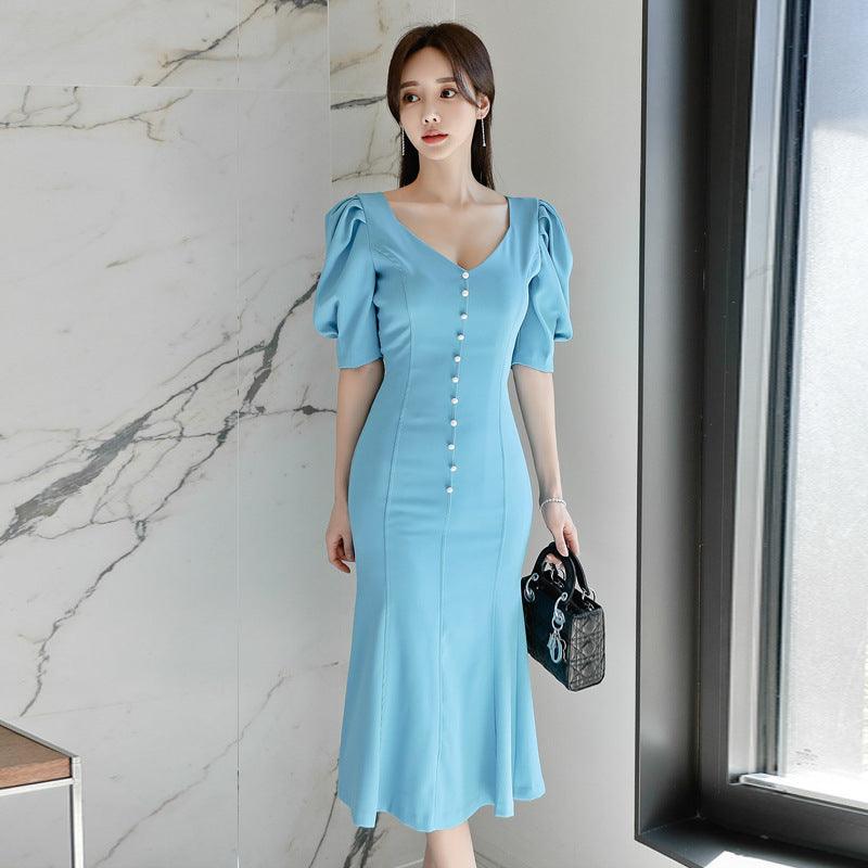 Korean Temperament V-neck Puff Sleeve Slim Mid-Length Ruffled Hip Fishtail Dress - Cruish Home