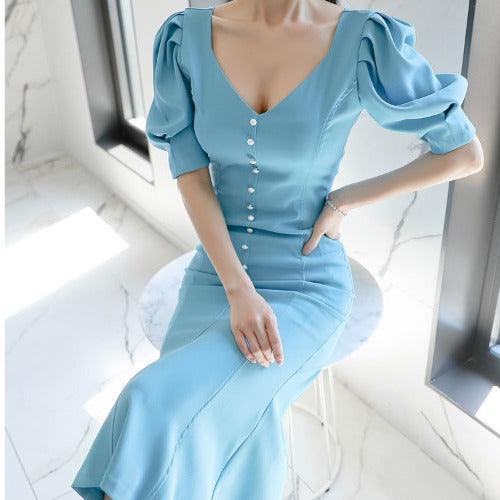 Korean Temperament V-neck Puff Sleeve Slim Mid-Length Ruffled Hip Fishtail Dress - Cruish Home