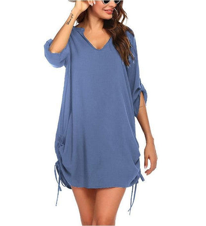 European And American Women's V-neck Drawstring Swim Coverall Beach Shirt - Cruish Home