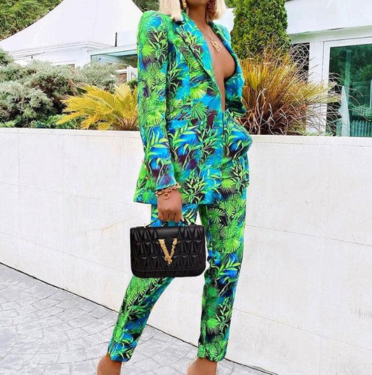 Autumn And Winter Amazon INS Tropical Rainforest Printed Suit Jacket Trousers Casual Suit - Cruish Home