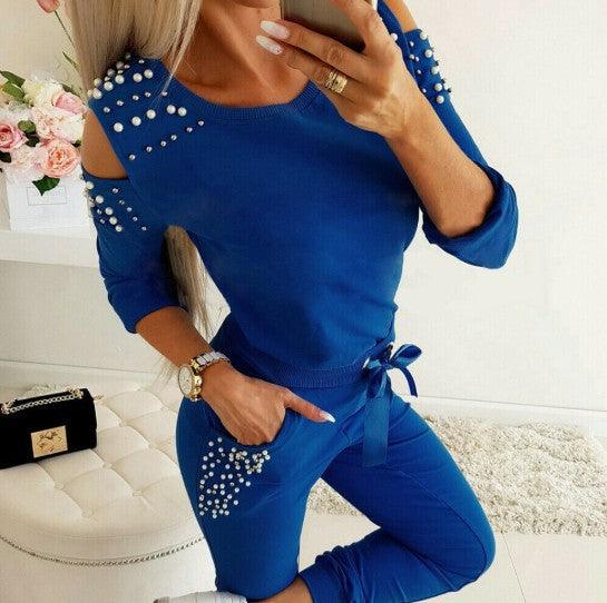 Ebay Cross-Border Exclusively For European And American Foreign Trade Sexy Beaded Round Neck Strapless Long-Sleeved Casual Two-Piece Suit - Cruish Home