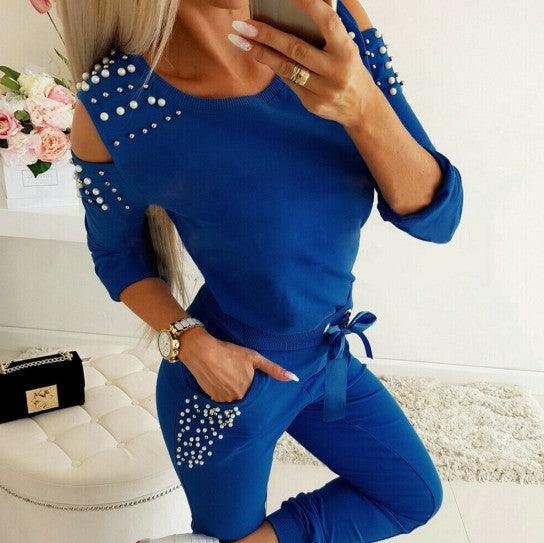 Ebay Cross-Border Exclusively For European And American Foreign Trade Sexy Beaded Round Neck Strapless Long-Sleeved Casual Two-Piece Suit - Cruish Home