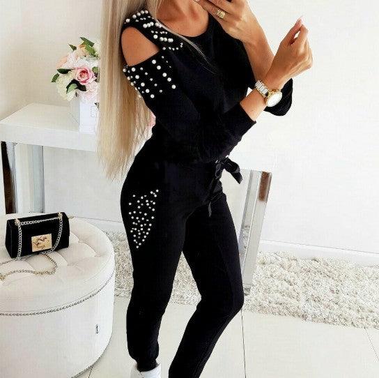 Ebay Cross-Border Exclusively For European And American Foreign Trade Sexy Beaded Round Neck Strapless Long-Sleeved Casual Two-Piece Suit - Cruish Home