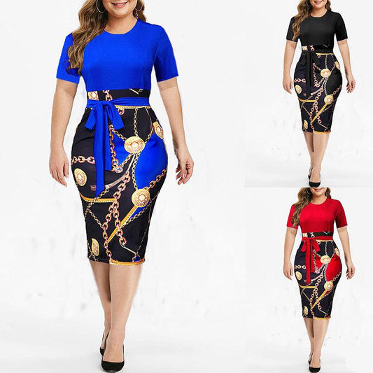 Cross-Border Foreign Trade New Style Wish Amazon European And American Women'S Belt Printed Short-Sleeved Slim Fit Hip One-Step Skirt - Cruish Home