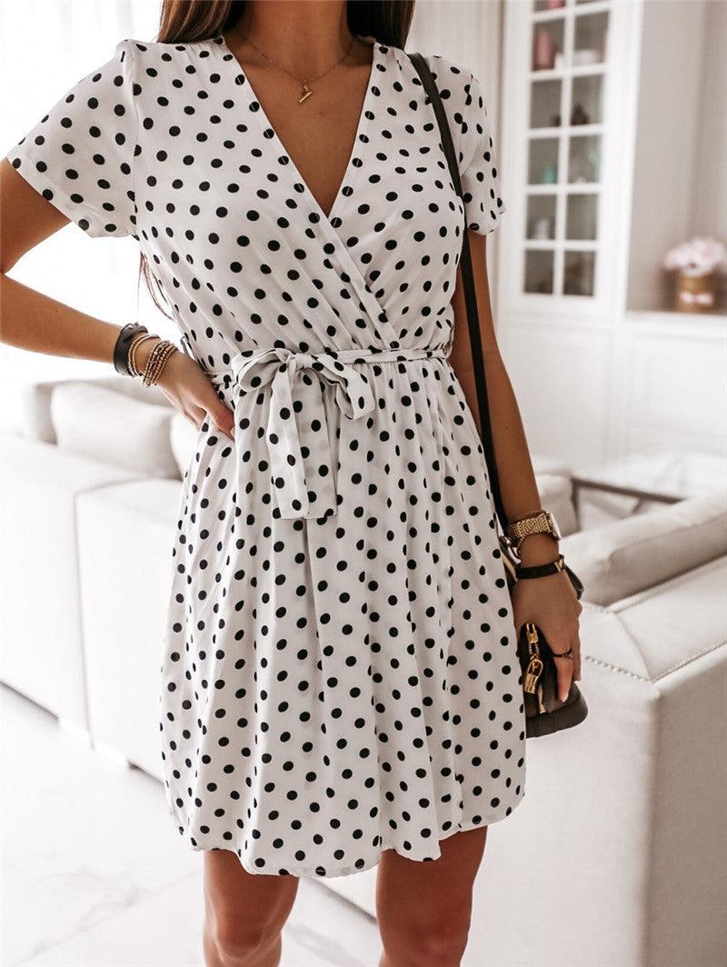 Printed Polka Dot Short Sleeve Short Dress - Cruish Home