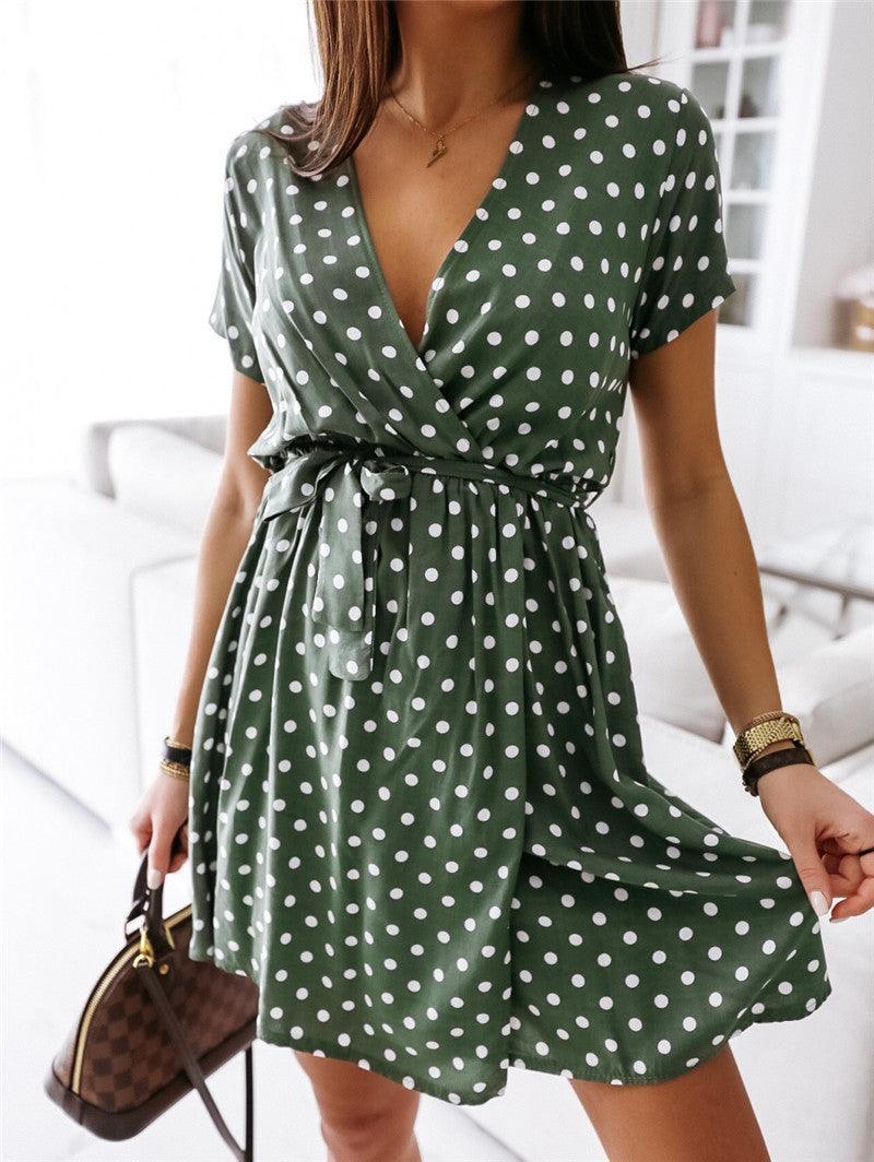 Printed Polka Dot Short Sleeve Short Dress - Cruish Home