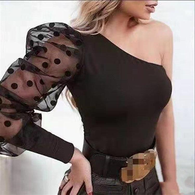 Summer Women Sexy Mesh Tshirt Spring Pullover Top Tees One Shoulder Black Polka Dot Top Tees T-shirts Women - Cruish Home